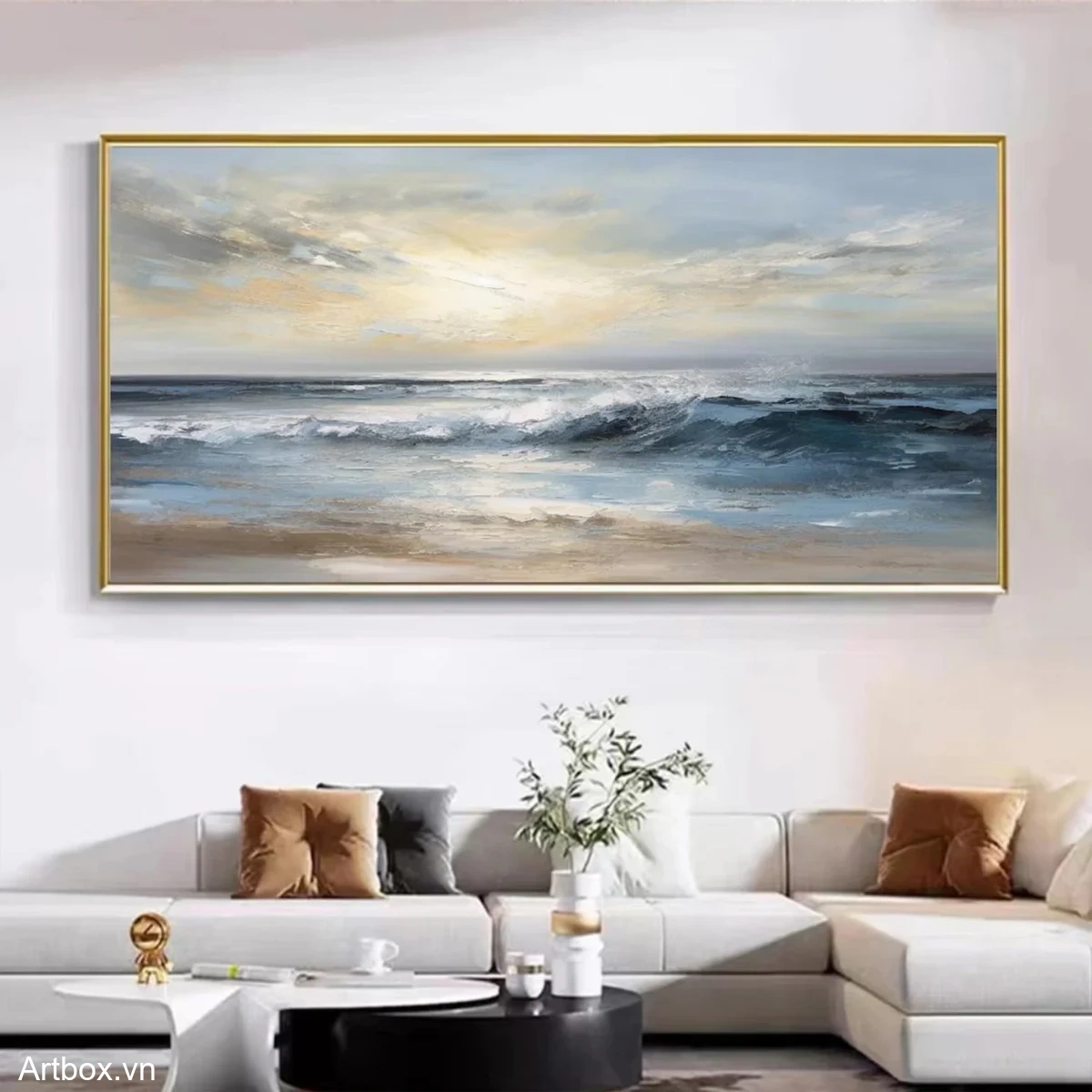 Bình Minh Trên Biển – Tranh Sơn Acrylic Trừu Tượng Phong cảnh Xanh dương Trang Trí Phòng khách – Phong Cách Hiện Đại