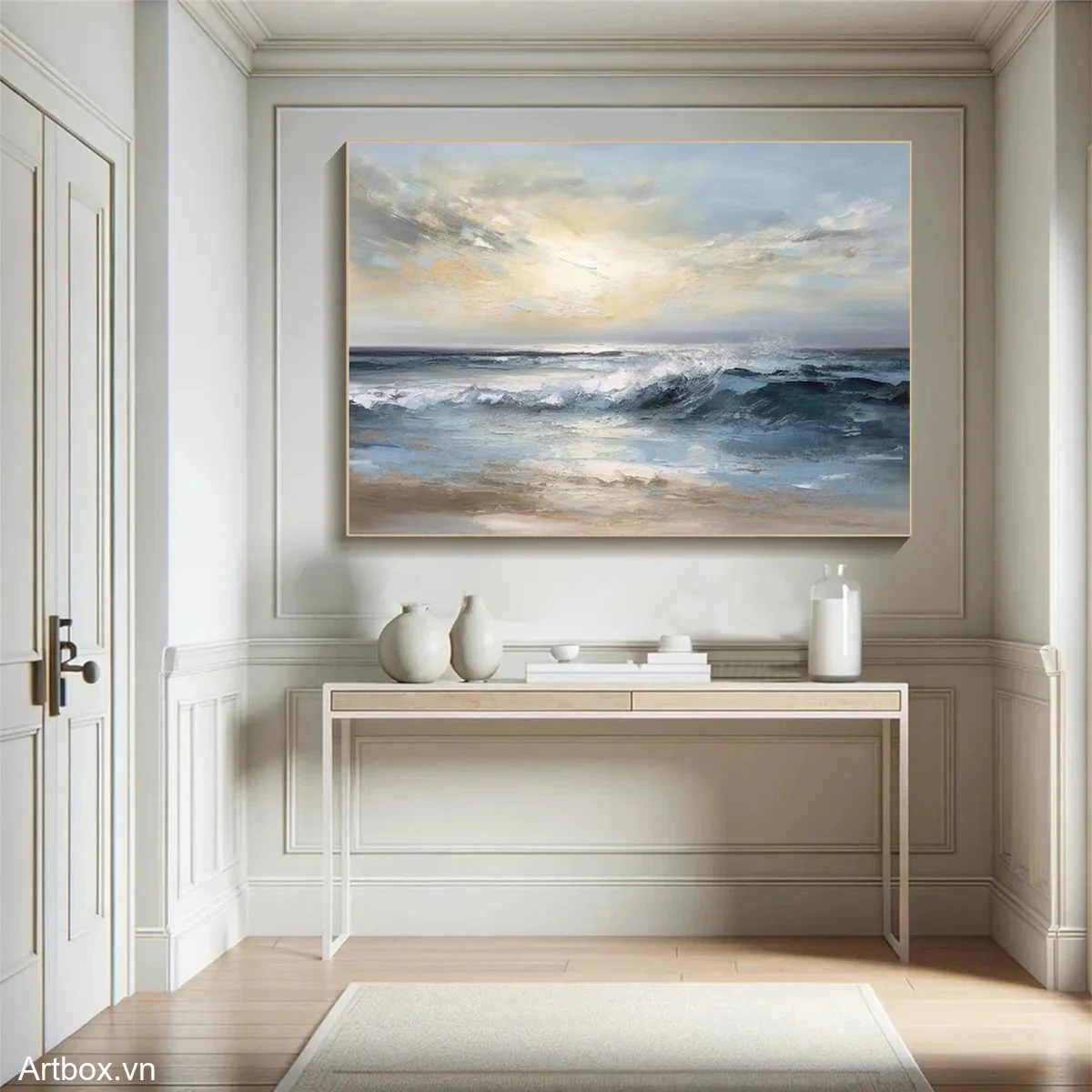 Bình Minh Trên Biển – Tranh Sơn Acrylic Trừu Tượng Phong cảnh Xanh dương Trang Trí Phòng khách – Phong Cách Hiện Đại