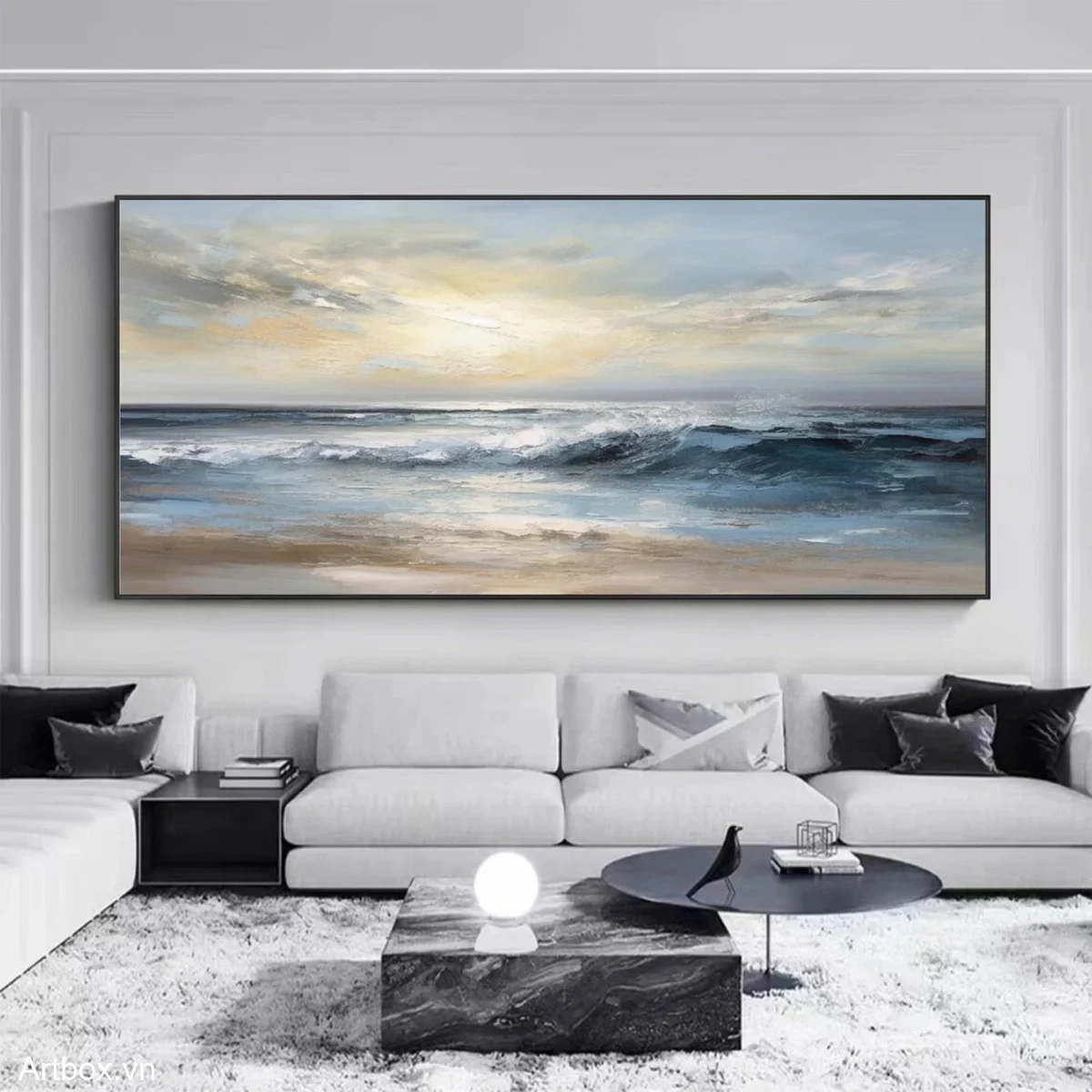 Bình Minh Trên Biển – Tranh Sơn Acrylic Trừu Tượng Phong cảnh Xanh dương Trang Trí Phòng khách – Phong Cách Hiện Đại