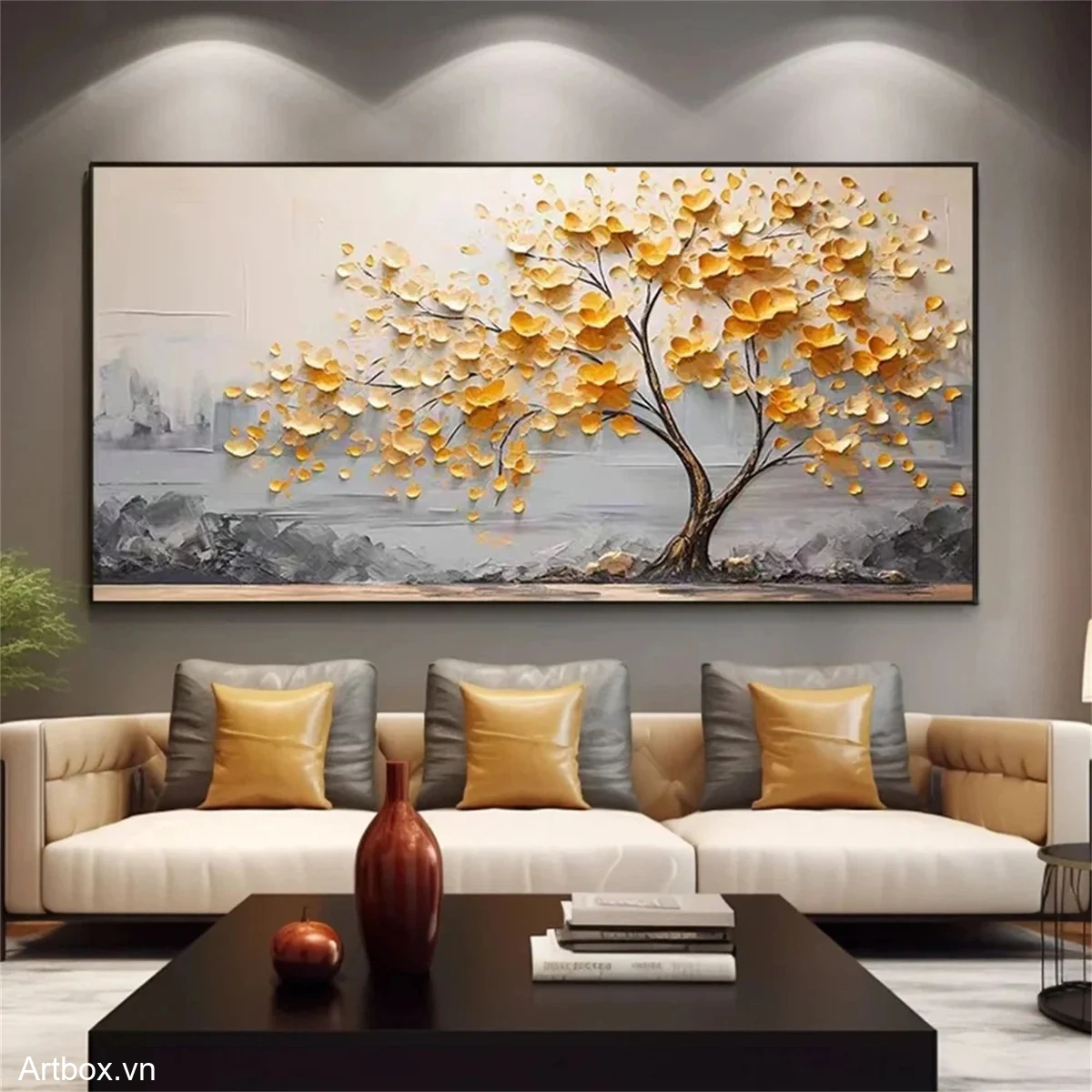 Cây Vàng Rực Rỡ – Tranh Sơn Acrylic Trừu Tượng Phong cảnh Vàng Trang Trí Phòng khách – Phong Cách Hiện Đại