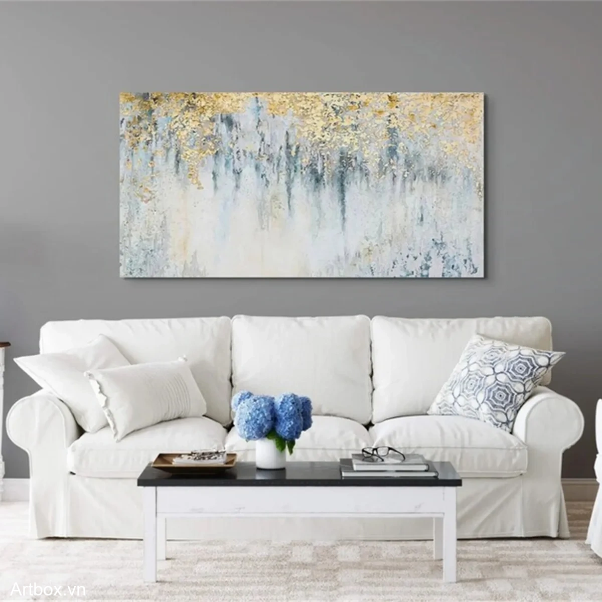 Hơi Thở Của Ánh Sáng – Tranh Sơn Acrylic Trừu Tượng Trừu tượng Xanh da trời Trang Trí Phòng ngủ, Phòng khách – Phong Cách Hiện Đại