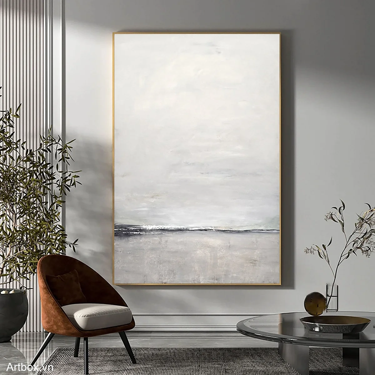 Horizon Of Serenity – Tranh Sơn Acrylic Trừu Tượng Phong cảnh Xám Trang Trí Phòng khách – Phong Cách Hiện Đại