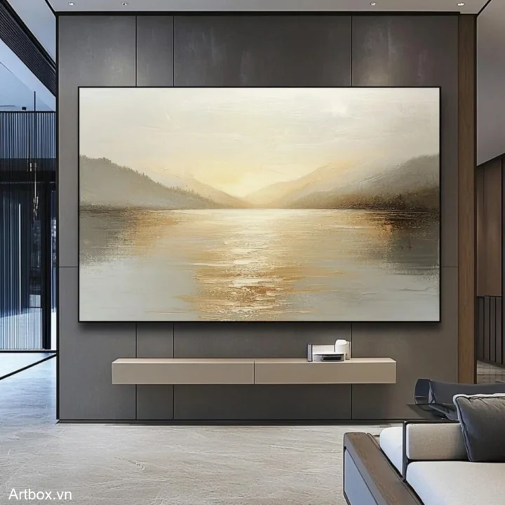 Bình Minh Trên Hồ Nước – Tranh Sơn Acrylic Trừu Tượng Phong cảnh Vàng Trang Trí Phòng khách, Phòng ngủ – Phong Cách Hiện Đại