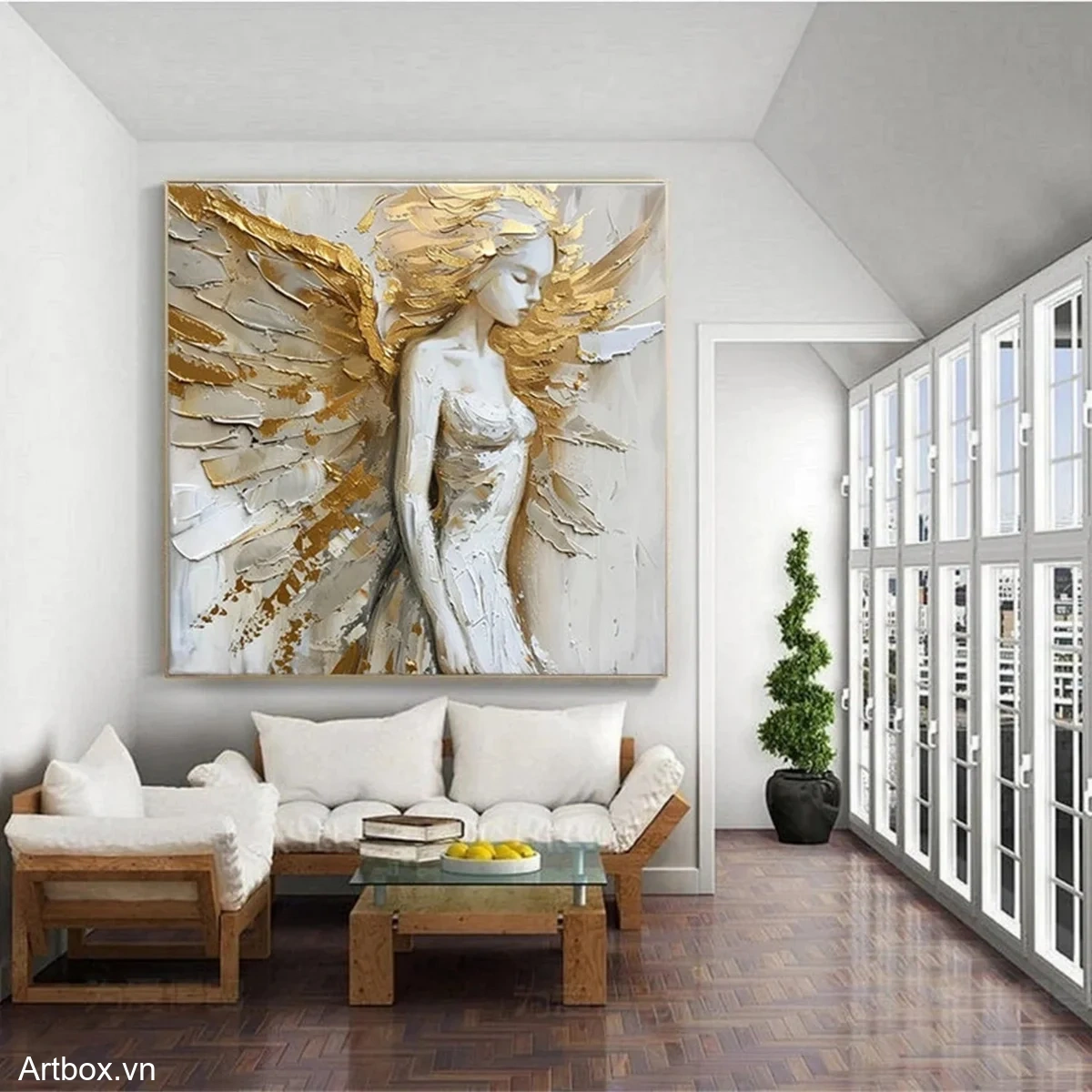 Thiên Thần Vàng – Tranh Sơn Acrylic Trừu Tượng Hình thể Vàng Trang Trí Phòng khách – Phong Cách Hiện Đại