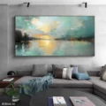 Bình Minh Trên Hồ Nước – Tranh Sơn Acrylic Trừu Tượng Phong cảnh Xanh dương Trang Trí Phòng khách – Phong Cách Hiện Đại