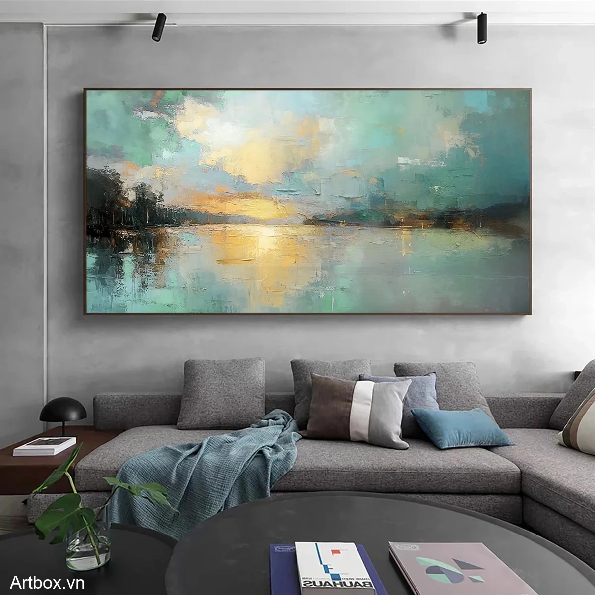 Bình Minh Trên Hồ Nước – Tranh Sơn Acrylic Trừu Tượng Phong cảnh Xanh dương Trang Trí Phòng khách – Phong Cách Hiện Đại