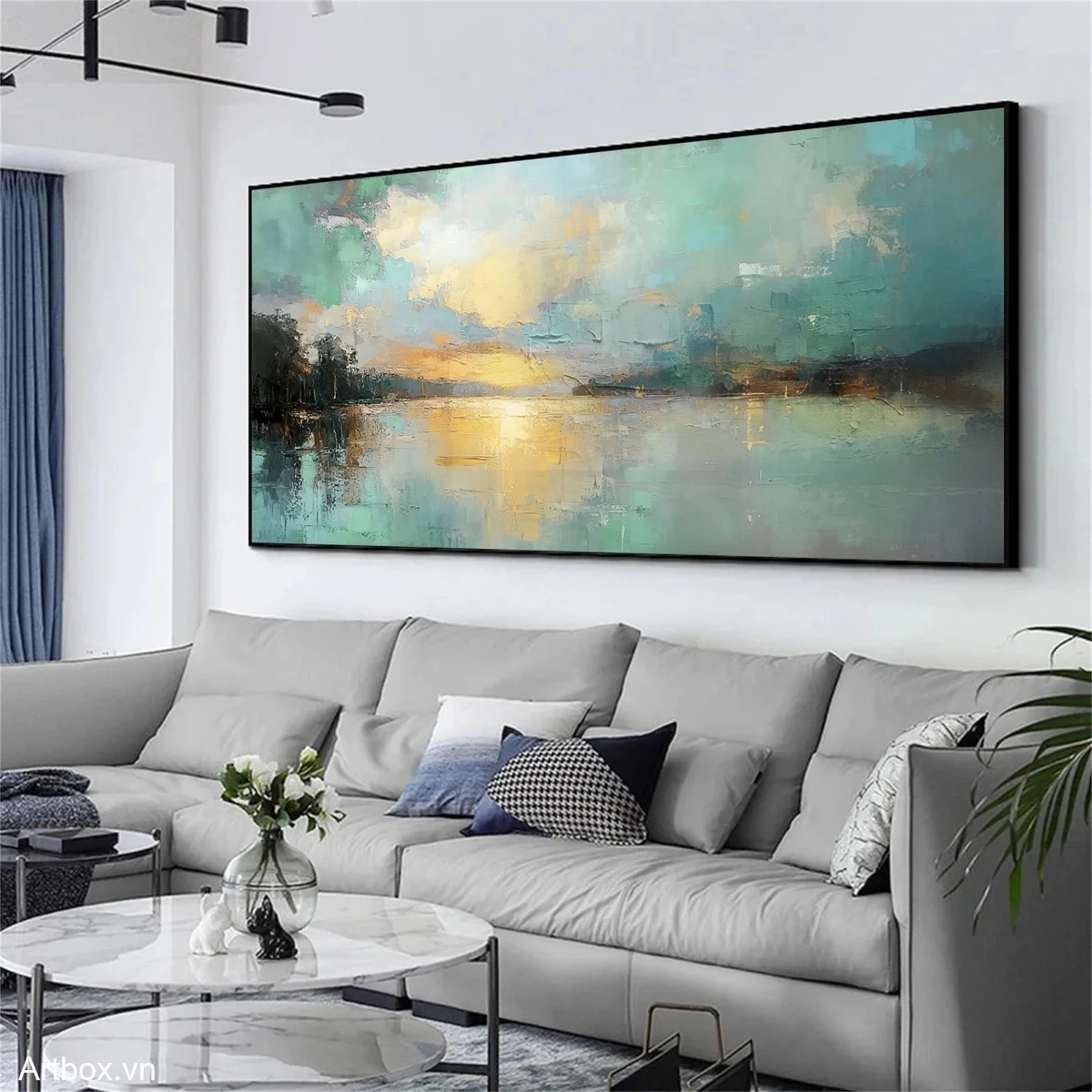 Bình Minh Trên Hồ Nước – Tranh Sơn Acrylic Trừu Tượng Phong cảnh Xanh dương Trang Trí Phòng khách – Phong Cách Hiện Đại