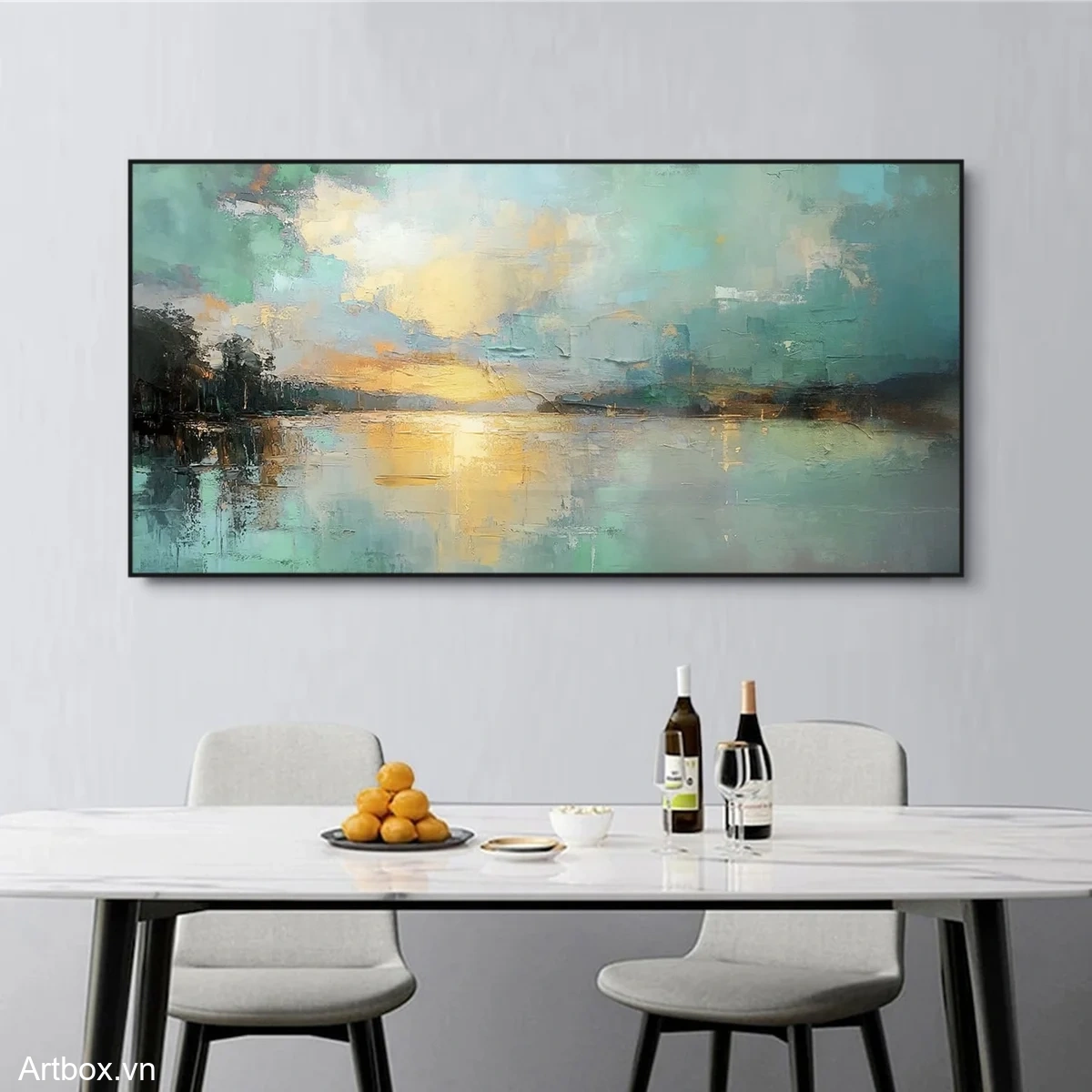 Bình Minh Trên Hồ Nước – Tranh Sơn Acrylic Trừu Tượng Phong cảnh Xanh dương Trang Trí Phòng khách – Phong Cách Hiện Đại