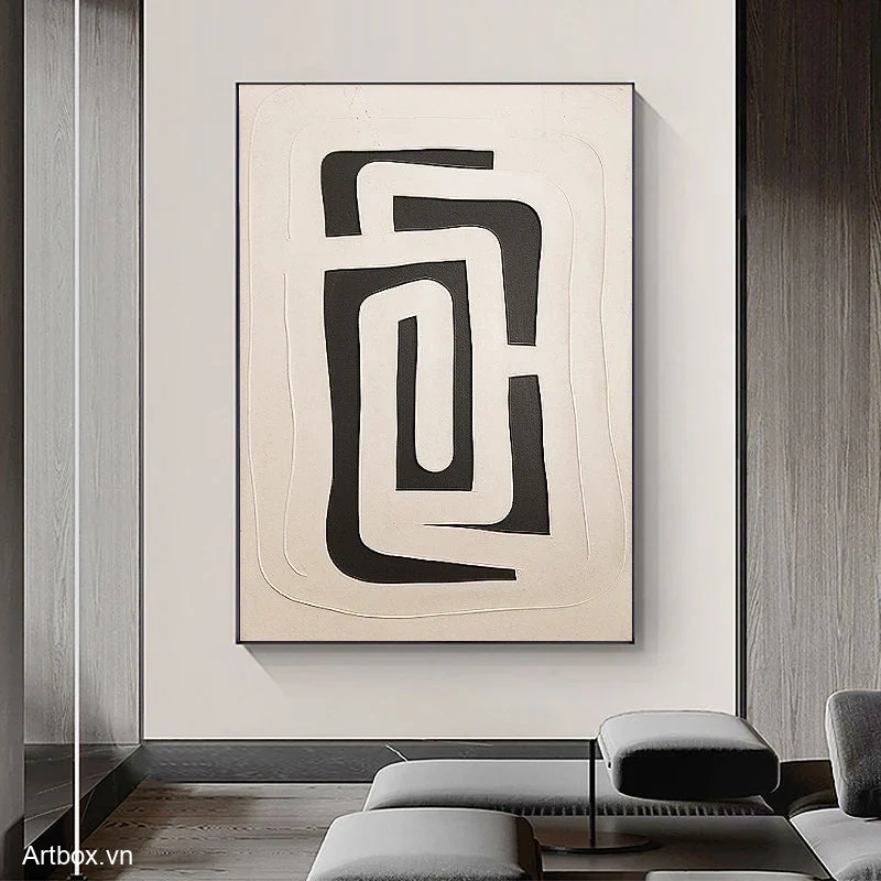Hơi Thở Tối Giản – Tranh Sơn Acrylic Trừu Tượng Trừu tượng Đen trắng Trang Trí Phòng khách, Phòng làm việc – Phong Cách Hiện Đại
