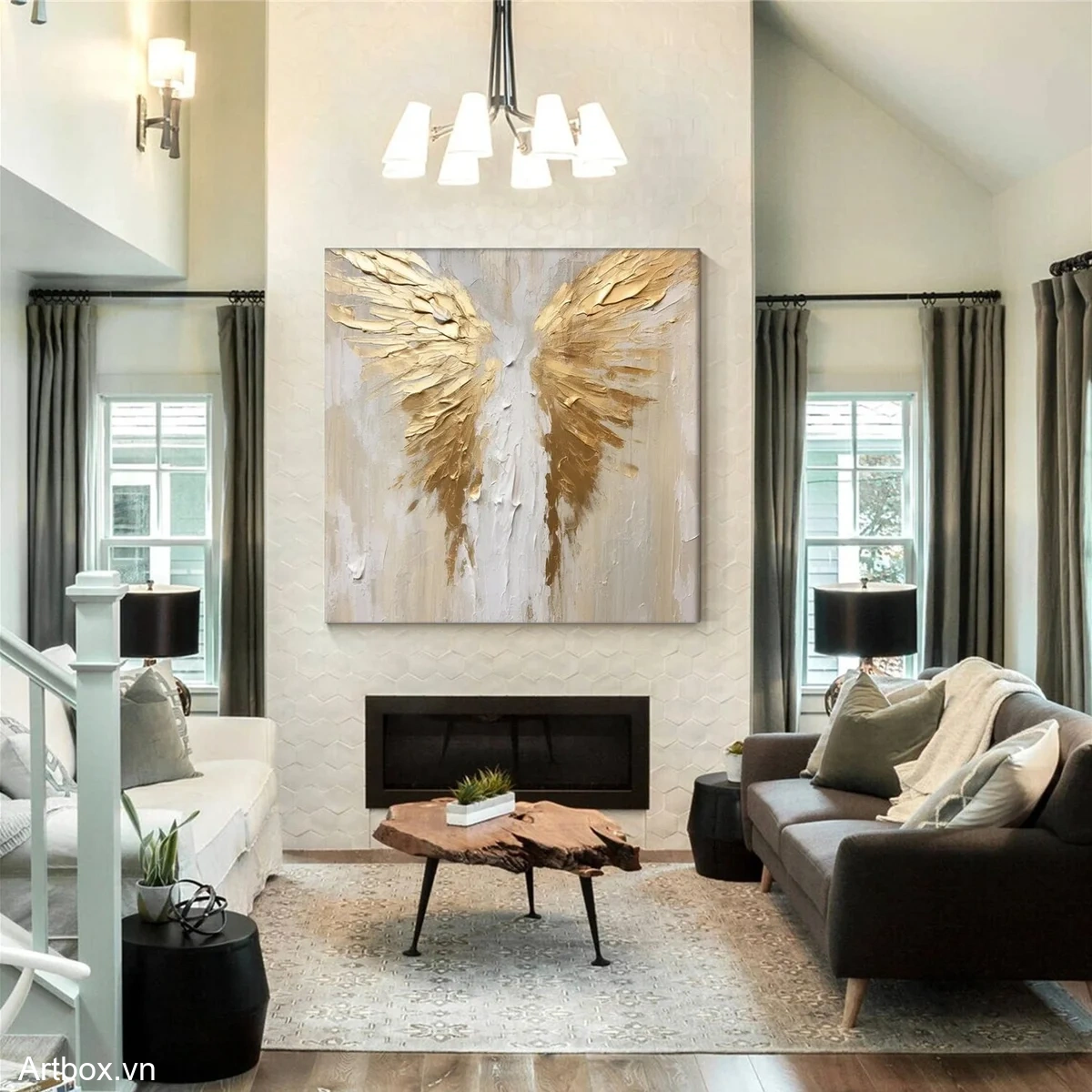 Cánh Thiên Thần Vàng – Tranh Sơn Acrylic Trừu Tượng Trừu tượng Đa sắc Trang Trí Phòng khách – Phong Cách Hiện Đại