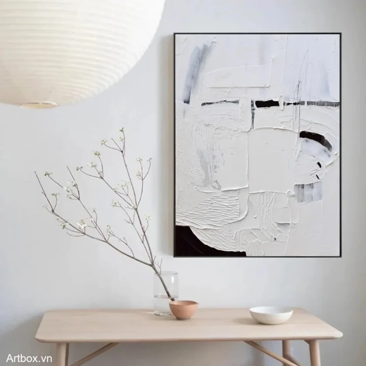 Hơi Thở Trắng – Tranh Sơn Acrylic Trừu Tượng Trừu tượng Đen trắng Trang Trí Phòng khách, Phòng ngủ – Phong Cách Hiện Đại