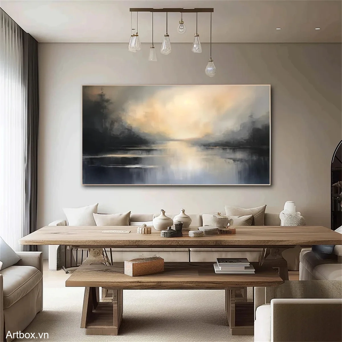 Bình Minh Trên Hồ Nước – Tranh Sơn Acrylic Trừu Tượng Phong cảnh Đa sắc Trang Trí Phòng ăn – Phong Cách Hiện Đại