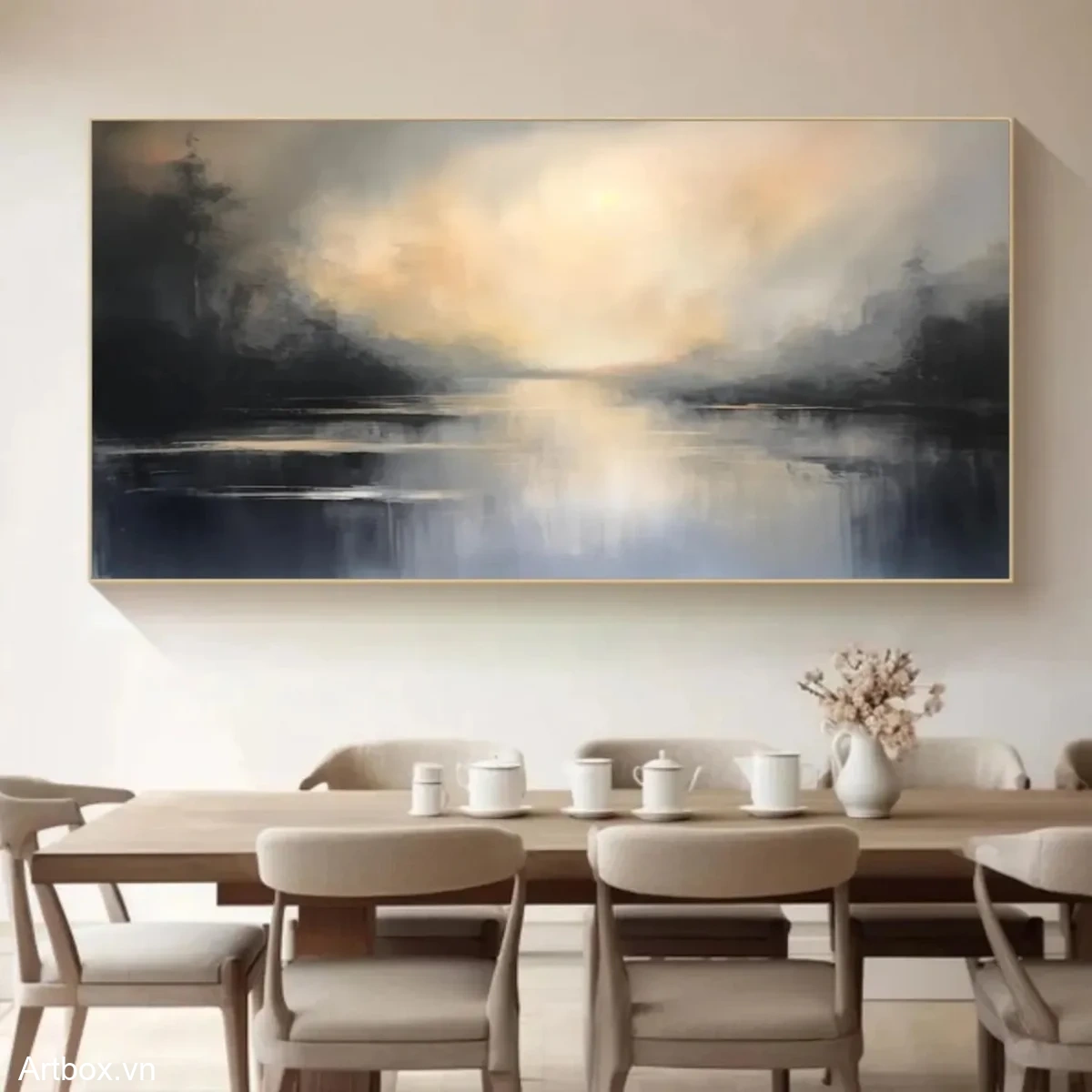 Bình Minh Trên Hồ Nước – Tranh Sơn Acrylic Trừu Tượng Phong cảnh Đa sắc Trang Trí Phòng ăn – Phong Cách Hiện Đại