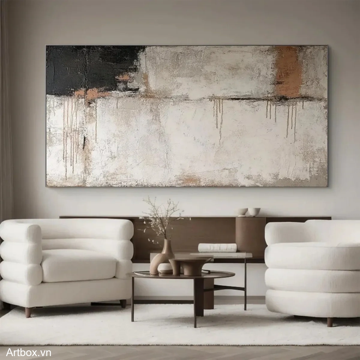 Hòa Quyện Tĩnh Lặng – Tranh Sơn Acrylic Trừu Tượng Trừu tượng Đen trắng Trang Trí Phòng khách – Phong Cách Hiện Đại