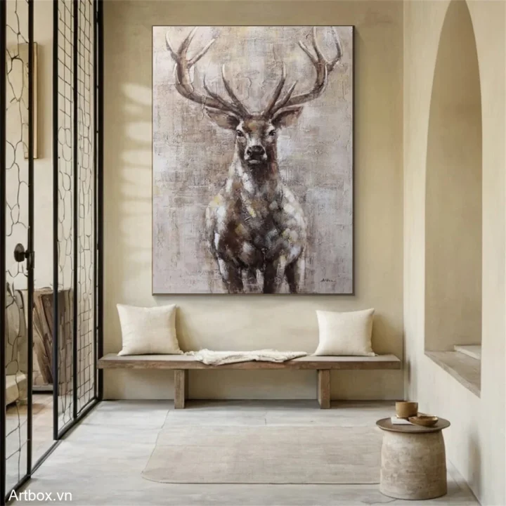 Hươu Trầm Lặng – Tranh Sơn Acrylic Trừu Tượng Động vật Nâu be Trang Trí Phòng khách, Phòng ngủ – Phong Cách Hiện Đại