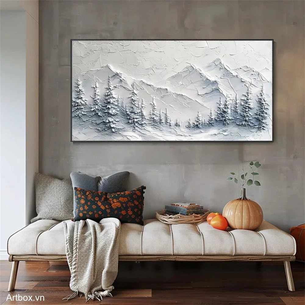 Hòa Quyện Của Tuyết Và Núi – Tranh Sơn Acrylic Trừu Tượng Phong cảnh Xám Trang Trí Phòng khách, Phòng ngủ – Phong Cách Hiện Đại