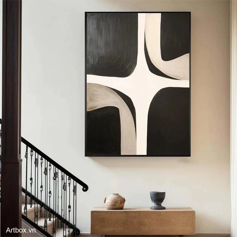 Giao Điểm Đen Trắng – Tranh Sơn Acrylic Trừu Tượng Trừu tượng Đen trắng Trang Trí Phòng khách – Phong Cách Hiện Đại