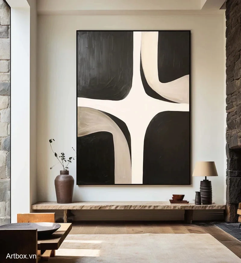 Giao Điểm Đen Trắng – Tranh Sơn Acrylic Trừu Tượng Trừu tượng Đen trắng Trang Trí Phòng khách – Phong Cách Hiện Đại