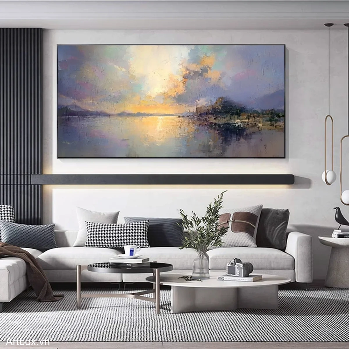 Bình Minh Trên Hồ – Tranh Sơn Acrylic Trừu Tượng Phong cảnh Đa sắc Trang Trí Phòng khách, Phòng ăn – Phong Cách Hiện Đại