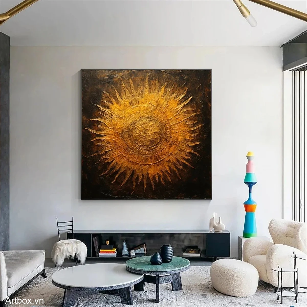 Vầng Dương Rực Rỡ – Tranh Sơn Acrylic Trừu Tượng Trừu tượng Vàng Trang Trí Phòng khách – Phong Cách Hiện Đại