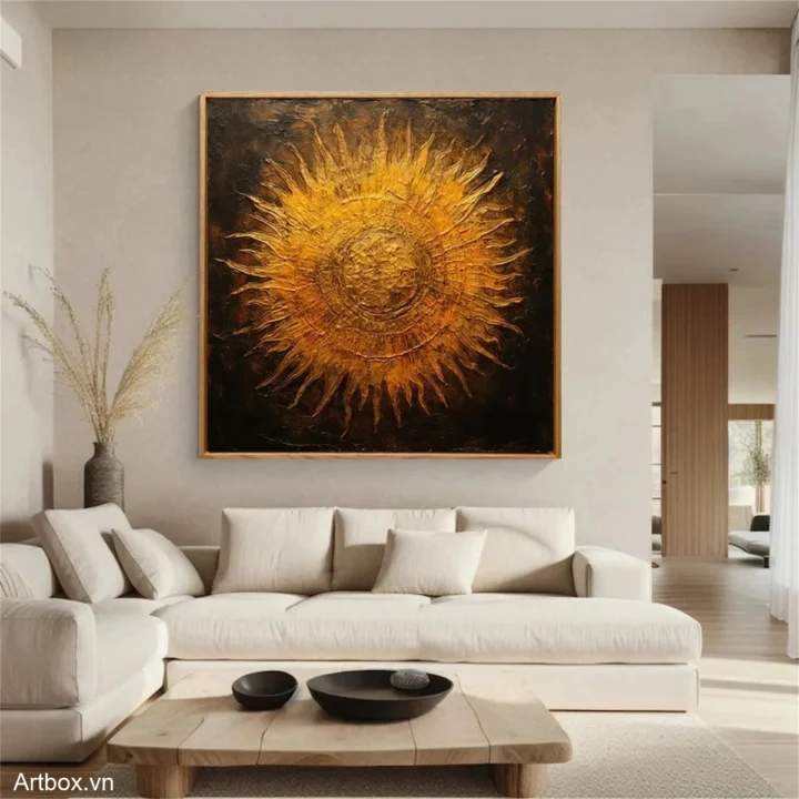 Vầng Dương Rực Rỡ – Tranh Sơn Acrylic Trừu Tượng Trừu tượng Vàng Trang Trí Phòng khách – Phong Cách Hiện Đại