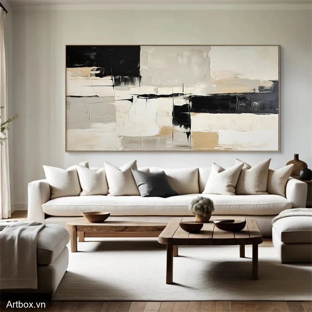 Hòa Quyện Đen Trắng – Tranh Sơn Acrylic Trừu Tượng Trừu tượng Đen trắng Trang Trí Phòng khách – Phong Cách Hiện Đại