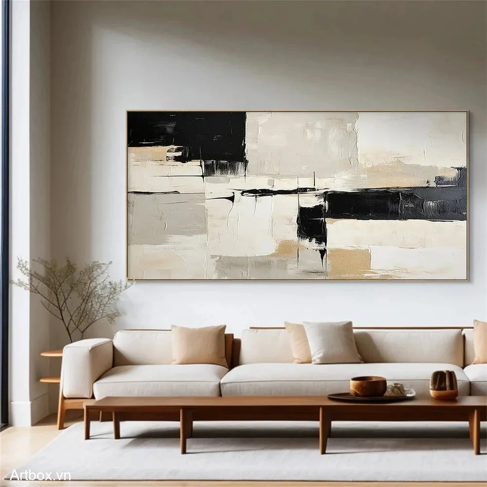 Hòa Quyện Đen Trắng – Tranh Sơn Acrylic Trừu Tượng Trừu tượng Đen trắng Trang Trí Phòng khách – Phong Cách Hiện Đại