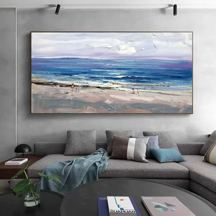 Bình Minh Trên Bãi Biển – Tranh Sơn Acrylic Trừu Tượng Biển Xanh dương Trang Trí Phòng khách, Phòng ngủ – Phong Cách Hiện Đại