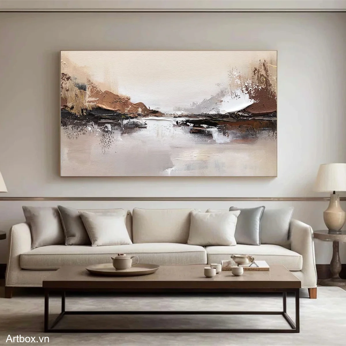 Bình Yên Giữa Đời Thường – Tranh Sơn Acrylic Trừu Tượng Phong cảnh Nâu be Trang Trí Phòng khách, Phòng ngủ – Phong Cách Hiện Đại