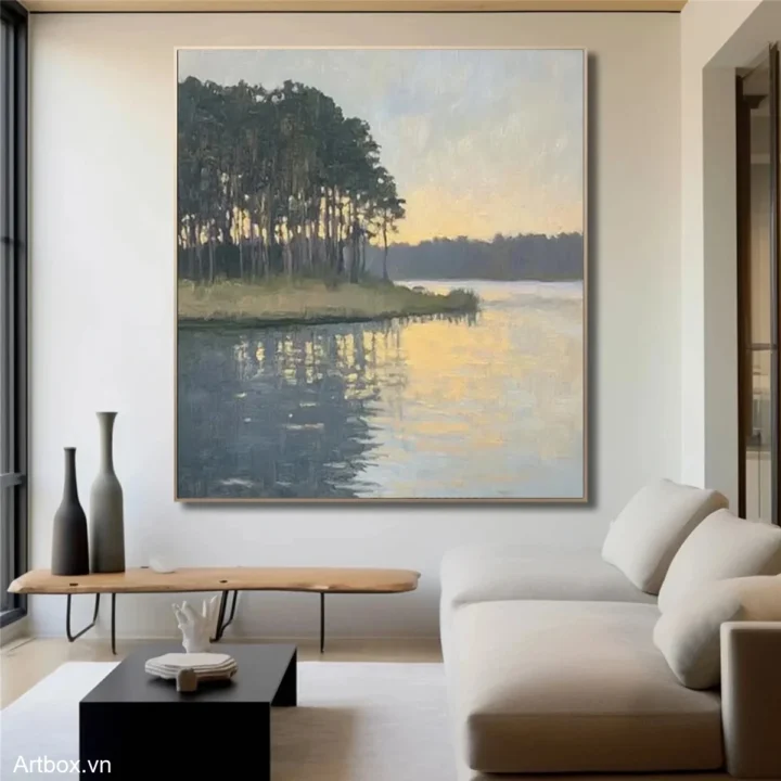 Bình Minh Trên Hồ Nước – Tranh Sơn Acrylic Trừu Tượng Hồ nước Xanh dương Trang Trí Phòng ngủ, Phòng khách – Phong Cách Hiện Đại