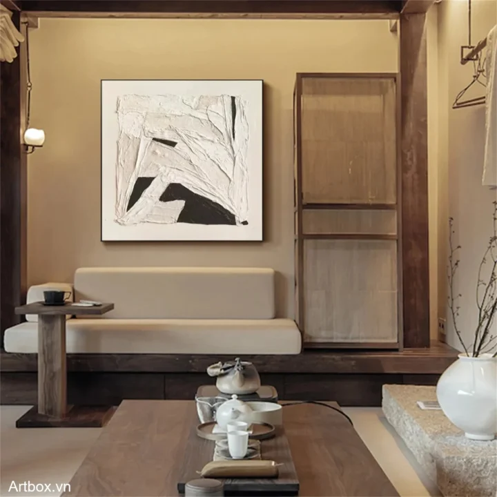 Hơi Thở Trừu Tượng – Tranh Sơn Acrylic Trừu Tượng Trừu tượng Đen trắng Trang Trí Phòng khách, Phòng làm việc – Phong Cách Hiện Đại