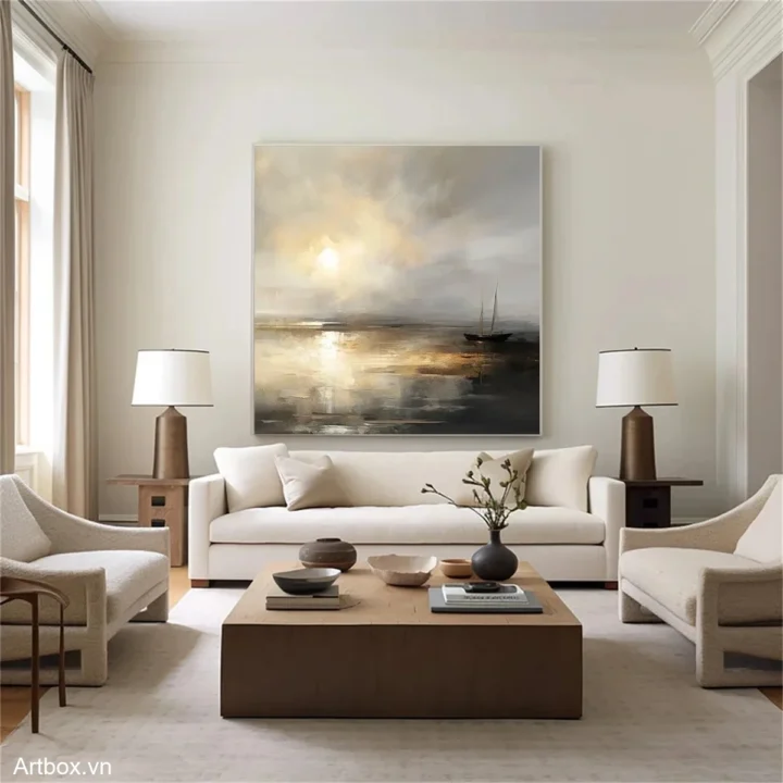 Bình Minh Trên Biển – Tranh Sơn Acrylic Trừu Tượng Biển Đa sắc Trang Trí Phòng khách, Phòng ngủ – Phong Cách Hiện Đại