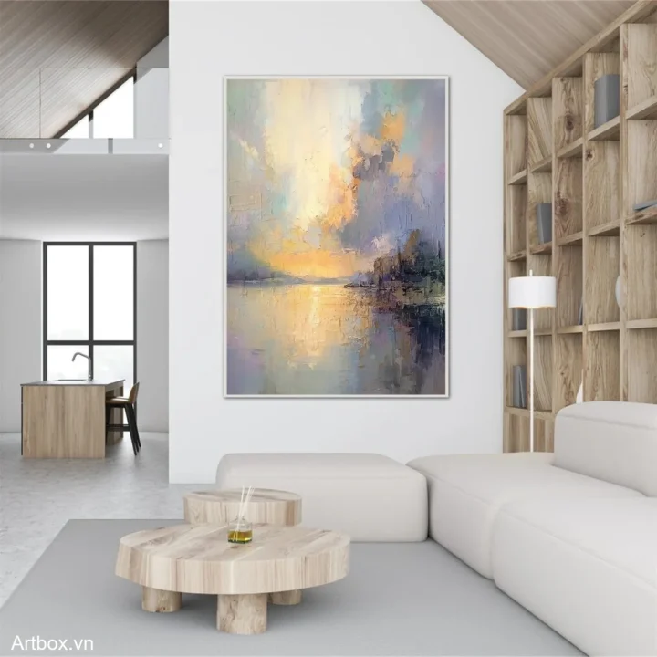 Bình Minh Trên Hồ Nước – Tranh Sơn Acrylic Trừu Tượng Phong cảnh Đa sắc Trang Trí Phòng khách, Phòng ngủ – Phong Cách Hiện Đại
