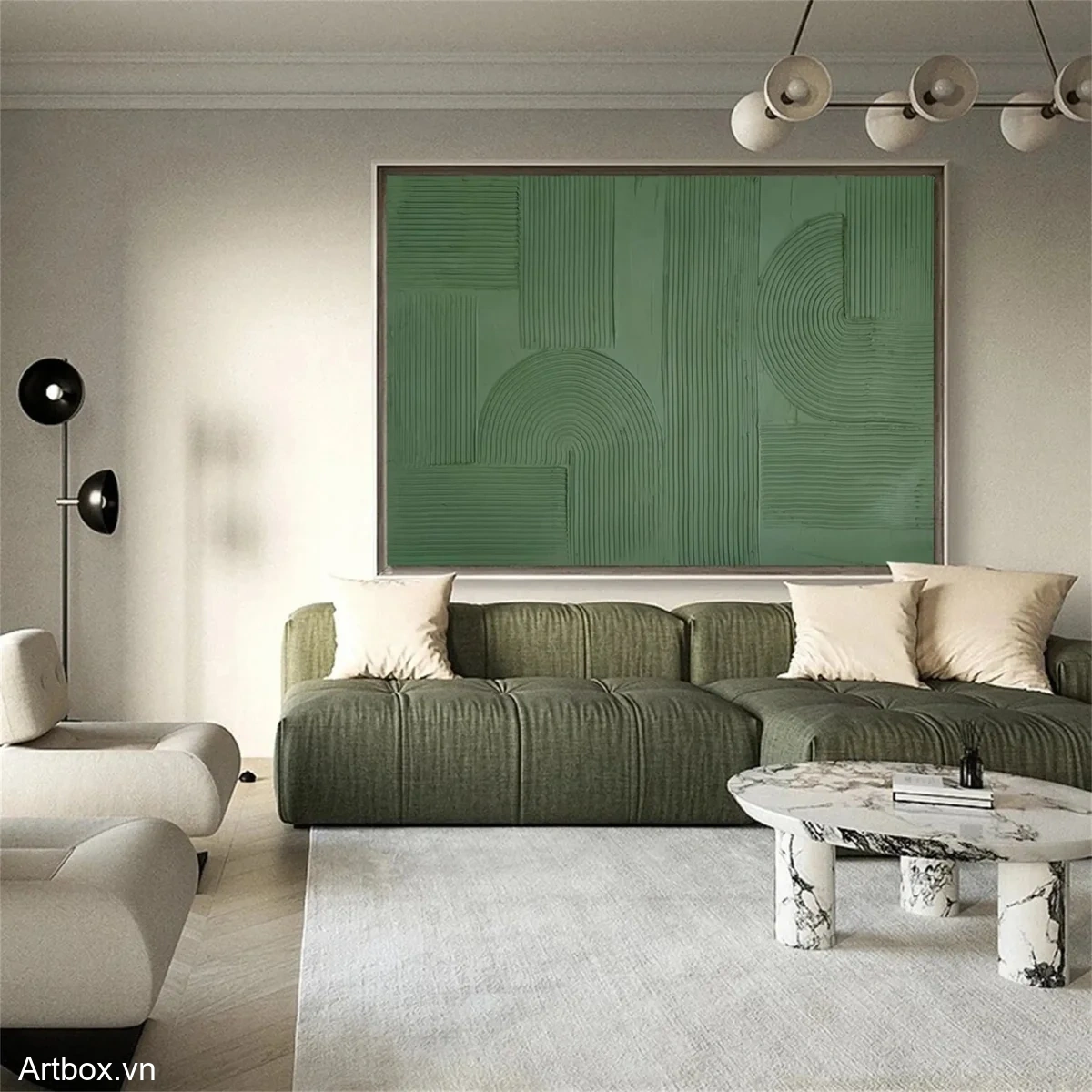 Hòa Nhạc Tĩnh Lặng – Tranh Sơn Acrylic Trừu Tượng Trừu tượng Xanh lá Trang Trí Phòng khách, Phòng làm việc – Phong Cách Hiện Đại