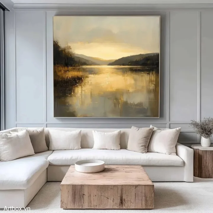 Ánh Hoàng Hôn Trên Hồ – Tranh Sơn Acrylic Trừu Tượng Hồ nước Vàng Trang Trí Phòng khách, Phòng ngủ – Phong Cách Hiện Đại