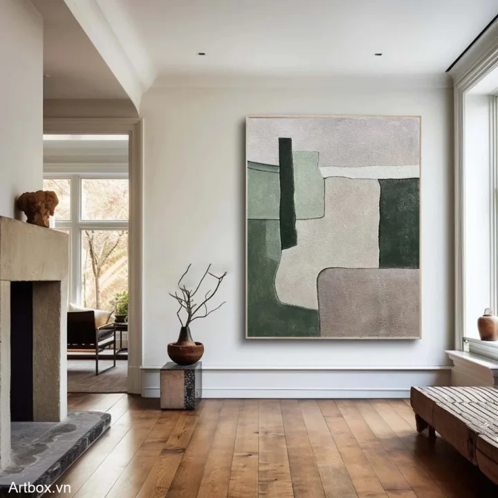 Hòa Quyện Tự Nhiên – Tranh Sơn Acrylic Trừu Tượng Trừu tượng Xanh lá Trang Trí Phòng khách, Phòng làm việc – Phong Cách Hiện Đại