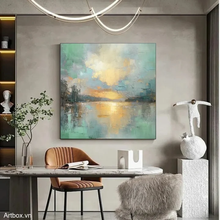 Bình Minh Trên Hồ Nước – Tranh Sơn Acrylic Trừu Tượng Phong cảnh Xanh ngọc Trang Trí Phòng khách, Phòng ngủ – Phong Cách Hiện Đại