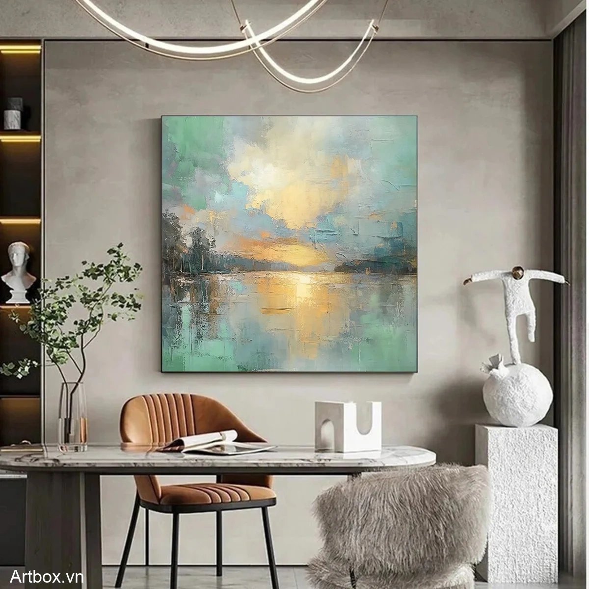 Bình Minh Trên Hồ Nước – Tranh Sơn Acrylic Trừu Tượng Phong cảnh Xanh ngọc Trang Trí Phòng khách, Phòng ngủ – Phong Cách Hiện Đại