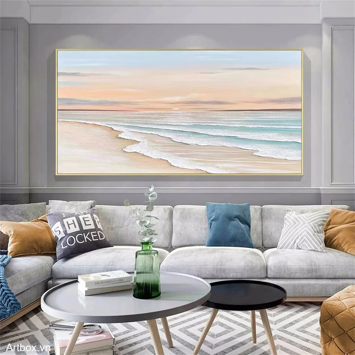 Bình Minh Trên Biển – Tranh Sơn Acrylic Trừu Tượng Biển Xanh da trời Trang Trí Phòng khách, Phòng ngủ – Phong Cách Hiện Đại