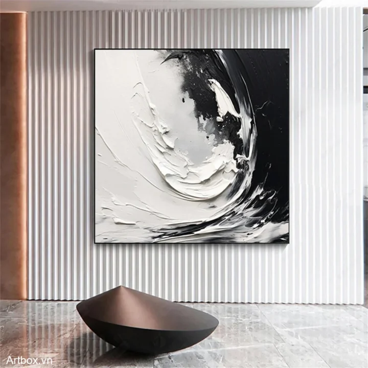 Hơi Thở Tĩnh Lặng – Tranh Sơn Acrylic Trừu Tượng Trừu tượng Đen trắng Trang Trí Phòng khách, Phòng làm việc – Phong Cách Hiện Đại