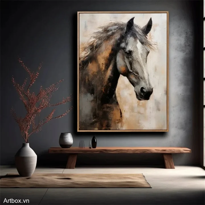 Hồn Nhiên Của Ngựa – Tranh Sơn Acrylic Trừu Tượng Động vật Nâu be Trang Trí Phòng khách, Phòng làm việc – Phong Cách Hiện Đại
