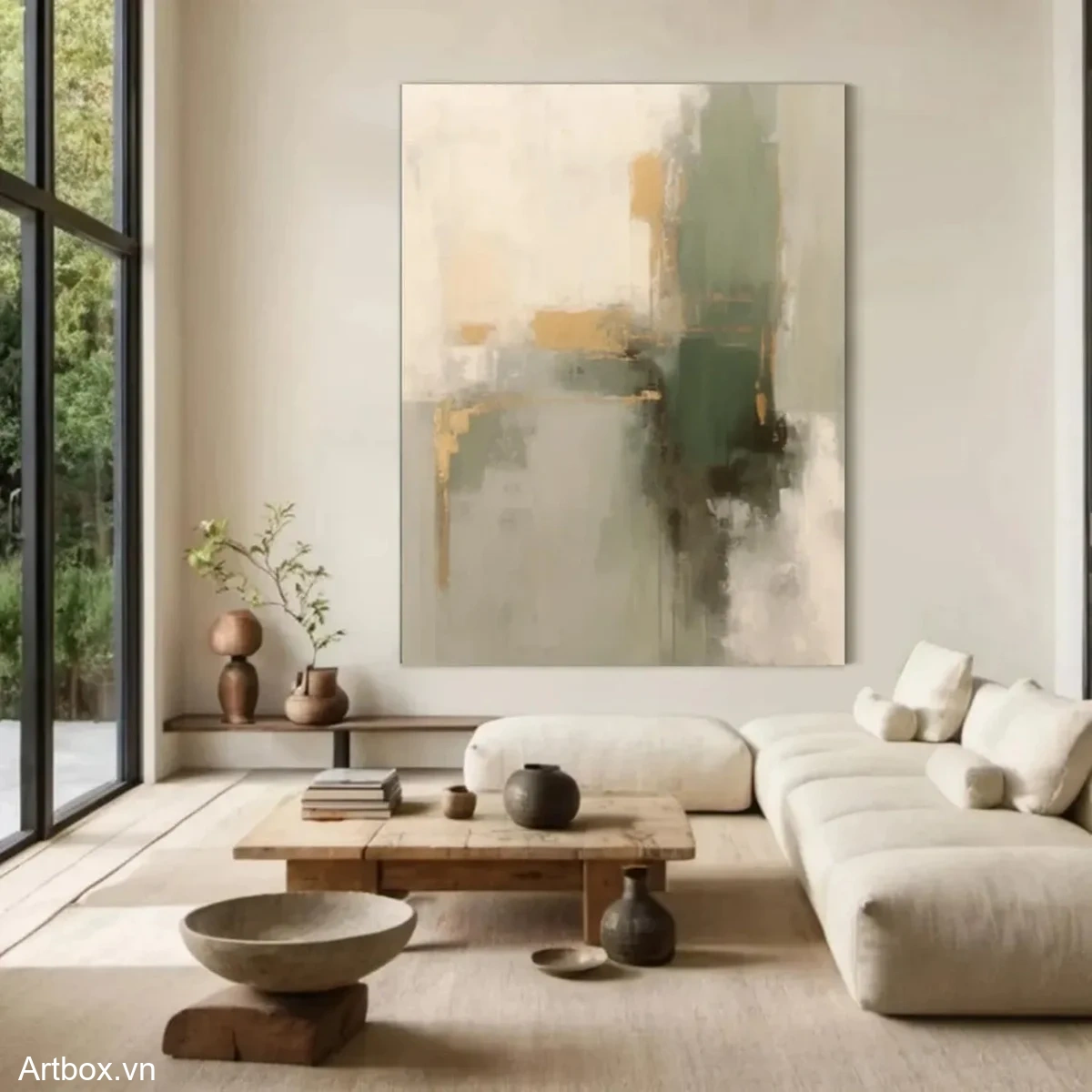 Bản Hòa Quyện Tĩnh Lặng – Tranh Sơn Acrylic Trừu Tượng Trừu tượng Xanh lá Trang Trí Phòng khách, Phòng ngủ – Phong Cách Hiện Đại