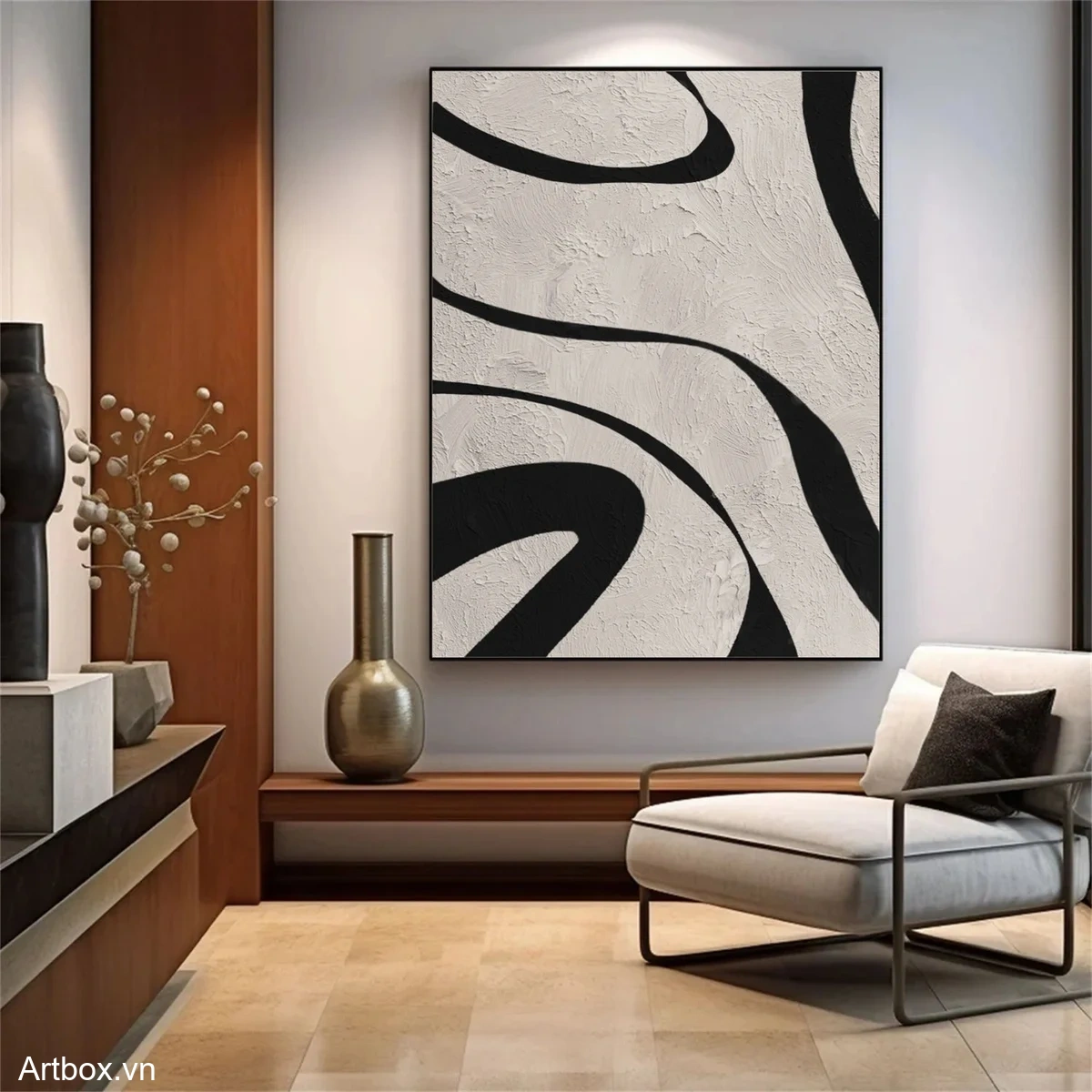 Dòng Chảy Tĩnh Lặng – Tranh Sơn Acrylic Trừu Tượng Trừu tượng Đen trắng Trang Trí Phòng khách, Phòng làm việc – Phong Cách Hiện Đại