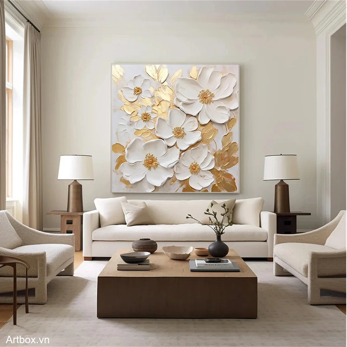 Bản Hòa Ca Của Hoa Trắng – Tranh Sơn Acrylic Trừu Tượng Hoa Đa sắc Trang Trí Phòng khách, Phòng ngủ – Phong Cách Hiện Đại