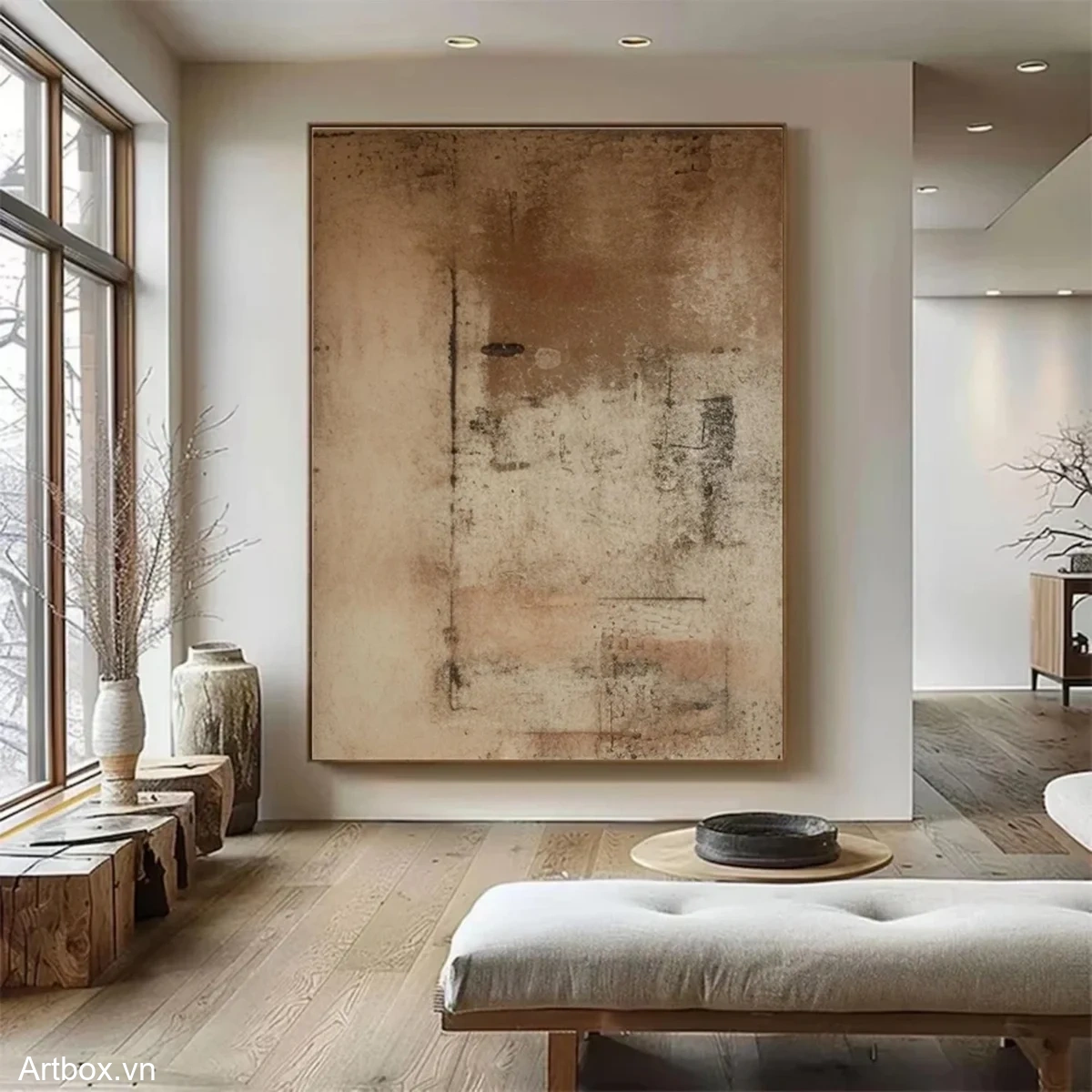 Hơi Ấm Của Đất – Tranh Sơn Acrylic Trừu Tượng Trừu tượng Nâu be Trang Trí Phòng khách, Phòng ngủ – Phong Cách Hiện Đại