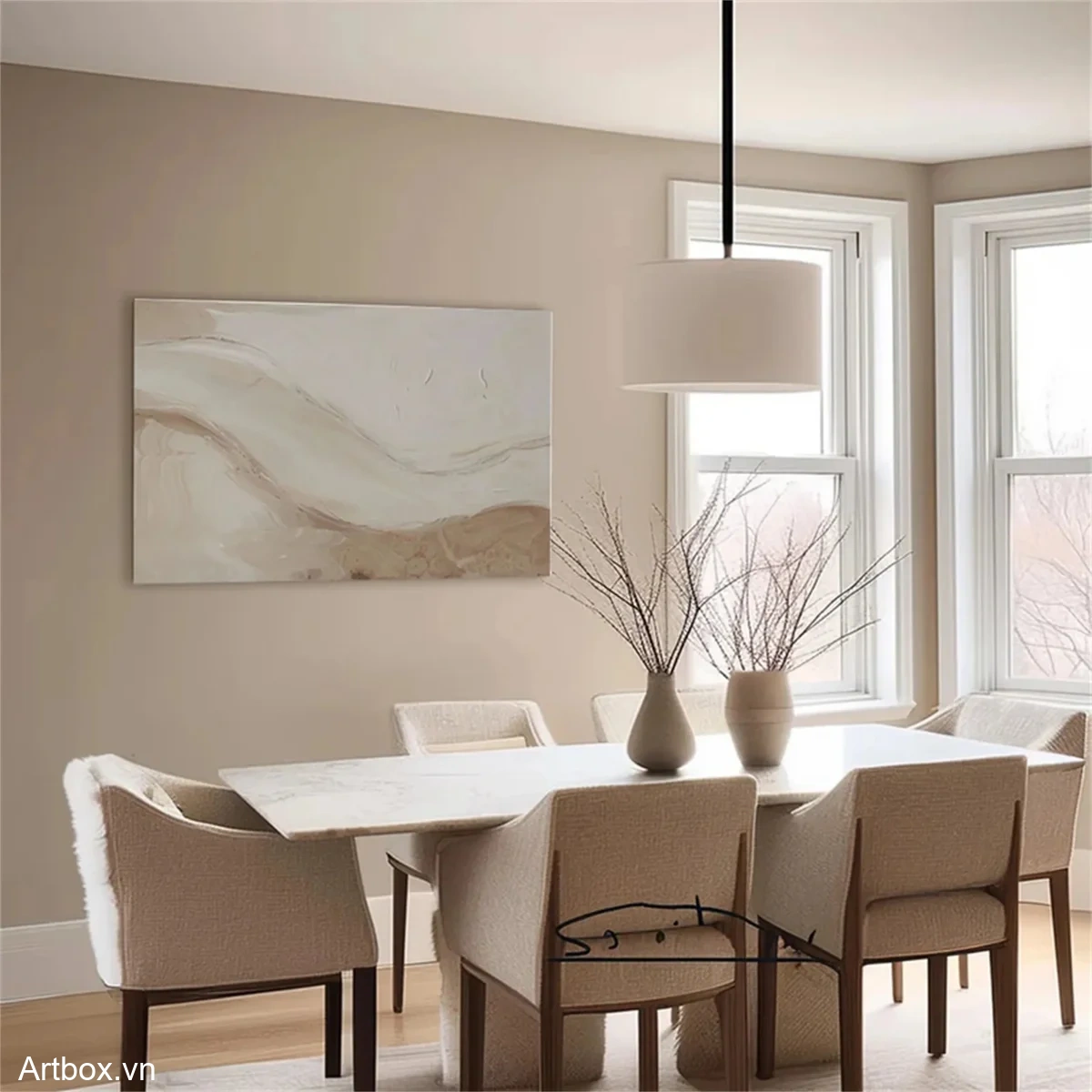 Dòng Chảy Tĩnh Lặng – Tranh Sơn Acrylic Trừu Tượng Trừu tượng Nâu be Trang Trí Phòng ăn, Phòng khách – Phong Cách Hiện Đại