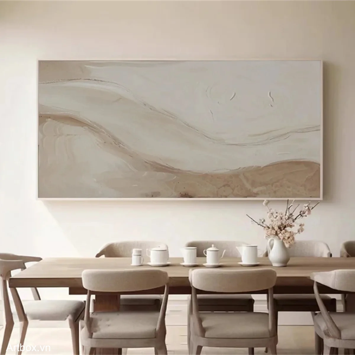 Dòng Chảy Tĩnh Lặng – Tranh Sơn Acrylic Trừu Tượng Trừu tượng Nâu be Trang Trí Phòng ăn, Phòng khách – Phong Cách Hiện Đại