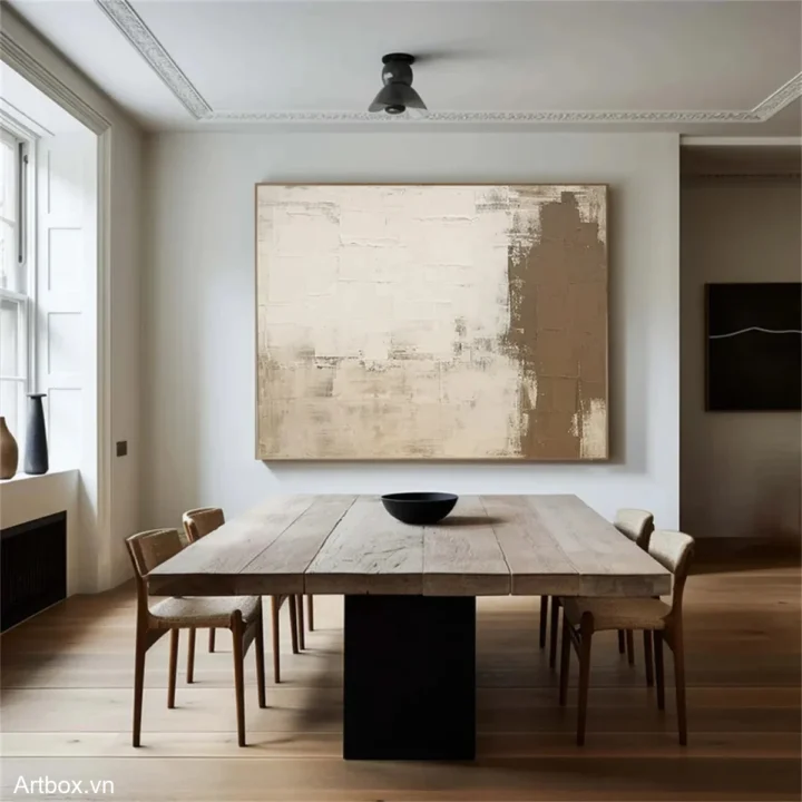 Hơi Thở Tĩnh Lặng – Tranh Sơn Acrylic Trừu Tượng Trừu tượng Nâu be Trang Trí Phòng ăn, Phòng khách – Phong Cách Hiện Đại