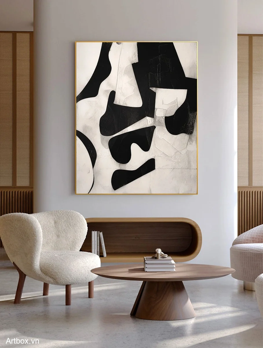 Hài Hòa Đen Trắng – Tranh Sơn Acrylic Trừu Tượng Trừu tượng Đen trắng Trang Trí Phòng khách, Phòng làm việc – Phong Cách Hiện Đại