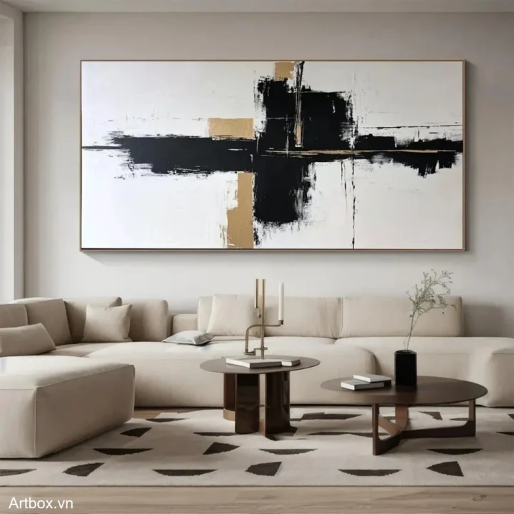 Hòa Quyện Đen Trắng – Tranh Sơn Acrylic Trừu Tượng Trừu tượng Đen trắng Trang Trí Phòng khách, Phòng làm việc – Phong Cách Hiện Đại
